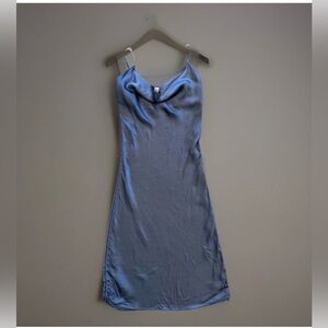 Aritzia Wilfred Dress Davina Ruched Side Cowl Neck Silky Cupro Gray Blue Sexy XS